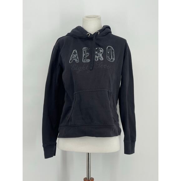 Aeropostale Black Hoodie Sequin Logo Kangaroo Pocket Size Medium Y2K‎ Skater - Picture 1 of 7